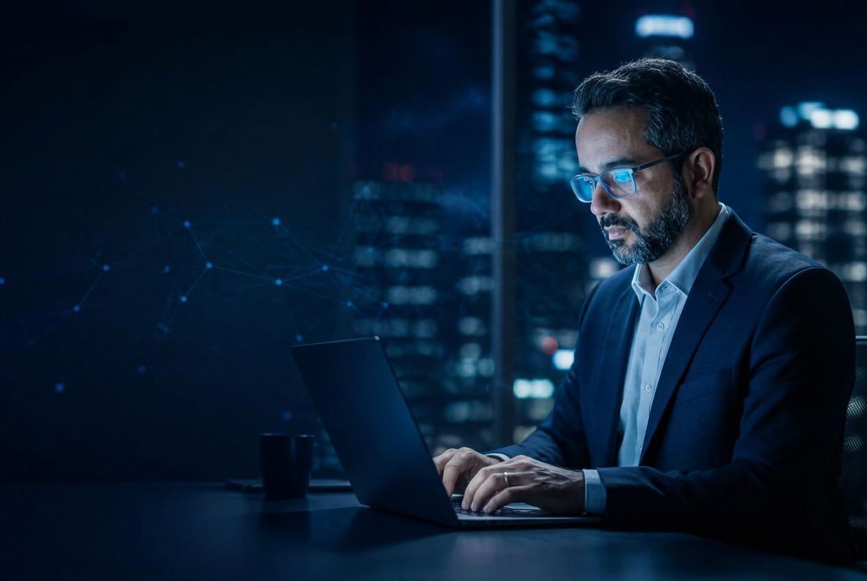 Profissional trabalhando em laptop com skyline corporativo ao fundo